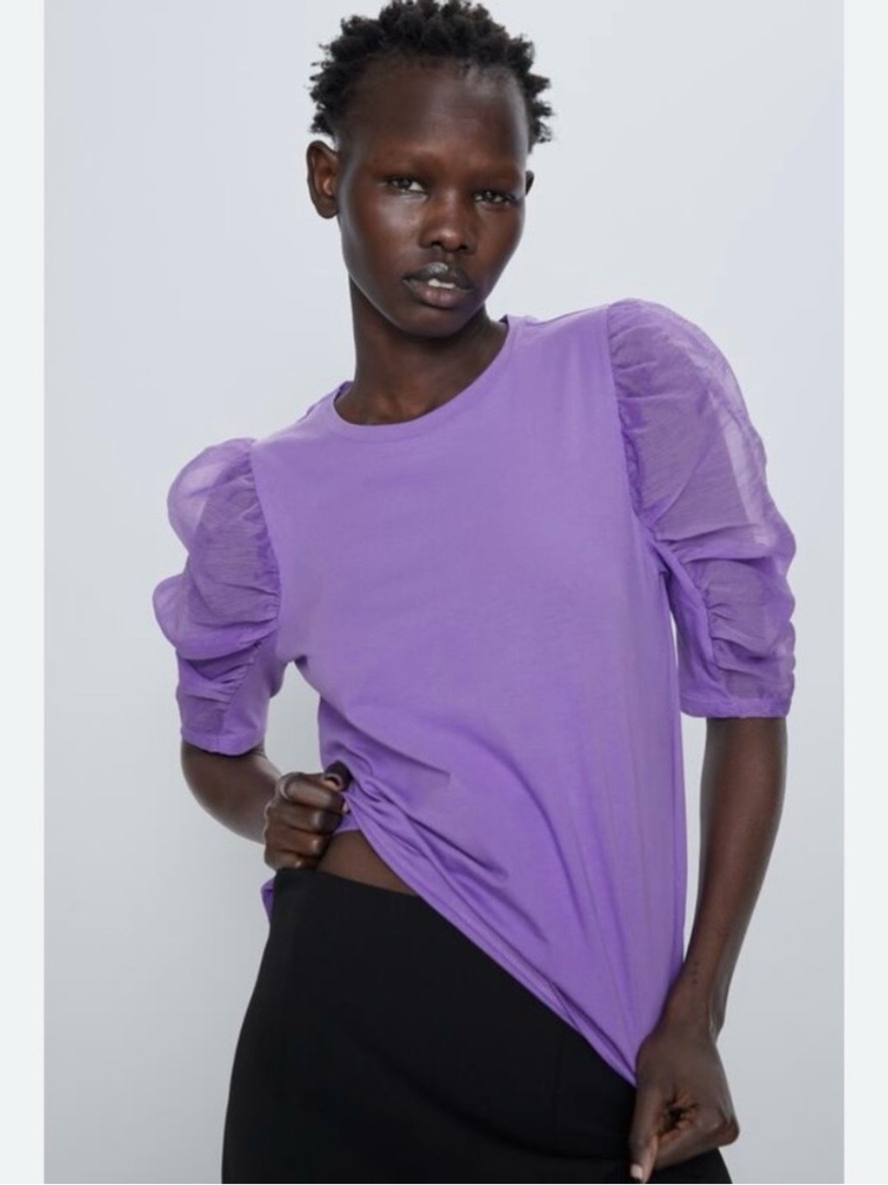 Zara Puff Sleeve Combination Tshirt in Grape Cotton Size M